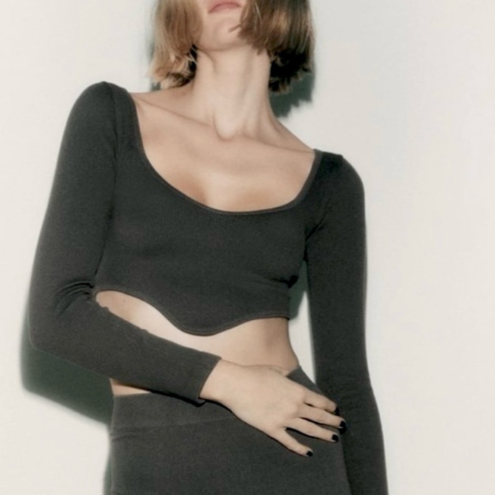 Zara Seamless Ribbed Long Sleeve Corset Crop Top Bodycon Black Size M 1014/824